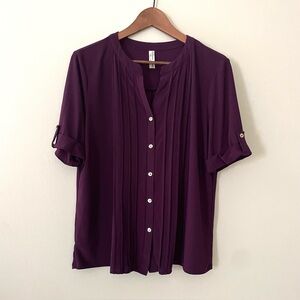 Purple Plum Silky Blouse Top Collarless Button-Up Office Party, Women’s Large